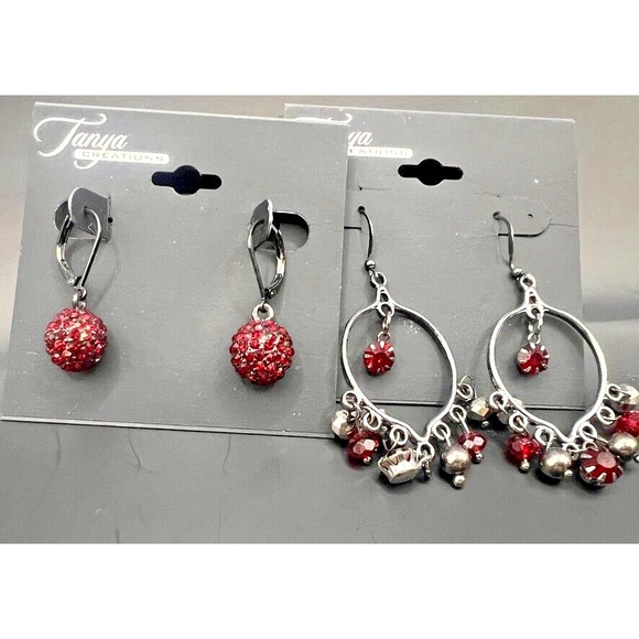 Lot of 3 Pair Tanya Creations Earrings Red Crystal Dangles & Hoops NOS Nordstrom - Picture 2 of 16